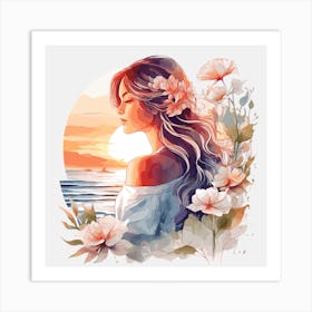 Watercolor Of A Girl With Flowers on beach Art Print