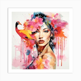 Colorful Woman With Bird Art Print