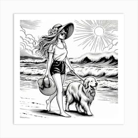 Line Art lady with a dog on the beach 3 Art Print