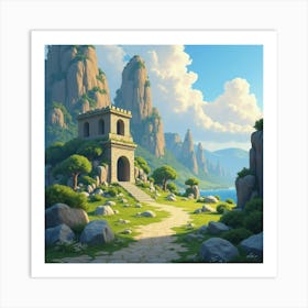 Ancient Watercolor Ruins In A Magical Landscape 1 Art Print