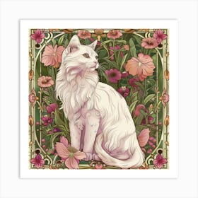 White Cat With Flowers 1 Art Print