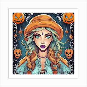 Halloween Girl With Pumpkins 1 Art Print