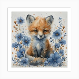 Lena1987 Cute Newborn Fox In Flowers Blue White Grey Colours Art Print