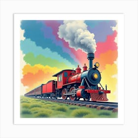 Watercolor Steam Engine Crossing A Colorful Rainbow Filled Sky 1 Art Print