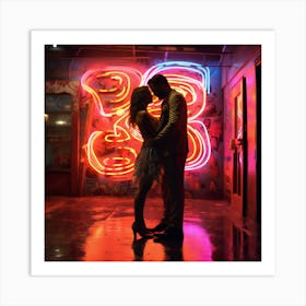Couple Kissing In Front Of Neon Sign. Cosmic Commitment: Love and Marriage in Psychedelic Space Art Print