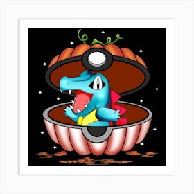 Totodile In Pumpkin Ball - Pokemon Halloween Art Print