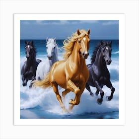 Four Horses Running On The Beach Art Print