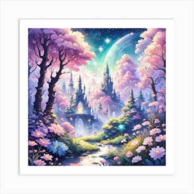 A Fantasy Forest With Twinkling Stars In Pastel Tone Square Composition 356 Art Print