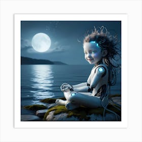 Robot Girl In The Moonlight Art Print