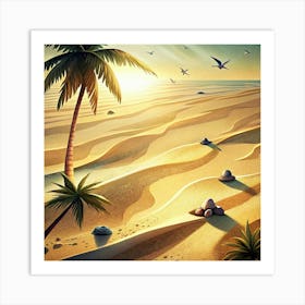 Tropical Beach Scene With Palm Trees And Seagulls At Sunset Art Print