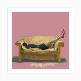 Tranquil Lounging Pink Shoe On Yellow Frame (1) Art Print