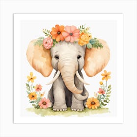 Floral Baby Mammoth Nursery Illustration (23) Art Print