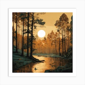 Sunset Over The River In The Woods Art Print