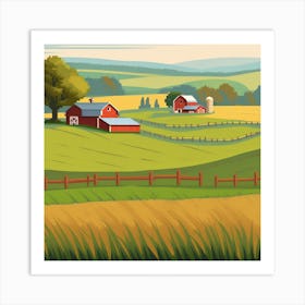 Farm Landscape Vector Illustration Art Print