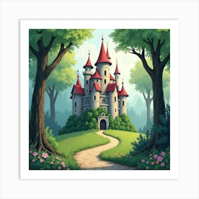 Ancient Watercolor Castle Amidst Enchanted Forest 1 Art Print