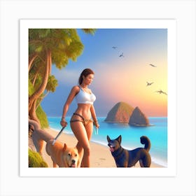 Woman With Dogs On The Beach Art Print