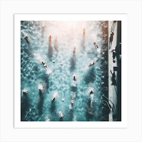 People Swimming In The Pool - A group of people swimming in a pool, with the sun shining down on them and the water sparkling. The scene is captured from a bird's-eye view, giving the viewer a sense of scale and perspective. 1 Art Print