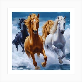 Black, White, Brown Horses Running In The Ocean Art Print