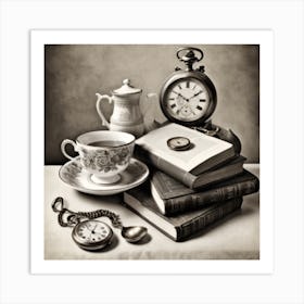 Monochromatic Still Life Composition Featuring A Collection Of Vintage Objects Art Print
