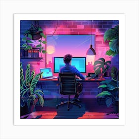 Computer Desk With Plants Art Print