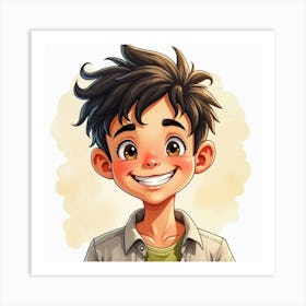 Spanish Boy With A Cheerful Grin, Watercolor With Bright Highlights 1 Art Print