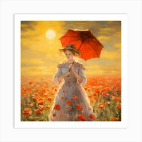Woman walking in a Poppy Field Art Print