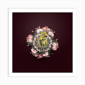 Vintage Irises Flower Wreath on Wine Red n.0726 Art Print