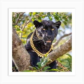Black Jaguar With Gold Necklace Perched In Tree Art Print