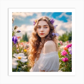 Beautiful Girl In A Flower Field Art Print