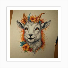 Goat Head With Flowers Art Print