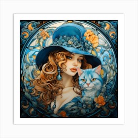 A Woman With A Blue Hat and Cat Art Print