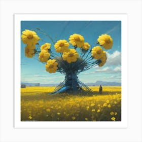 Yellow Flowers In Field With Blue Sky Professional Ominous Concept Art By Artgerm And Greg Rutkows (6) Art Print