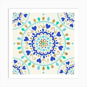 Summer Blue Gold Heart Mandala Art Print