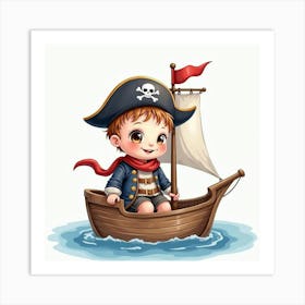 Watercolor Baby Boy Dressed As A Pirate, Sailing On A Calm Sea Art Print