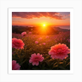 Sunset With Dahlias Art Print