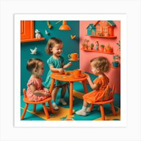 Three Little Girls At A Table Art Print