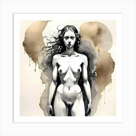Beautiful Nude Girl Watercolor Black and Gold Art Print