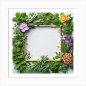 Frame With Herbs On White Background Art Print