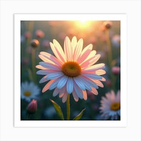 A Radiant Daisy With Petals Of Flowing, Iridescent Ribbons In A Dreamlike Meadow 1 Art Print