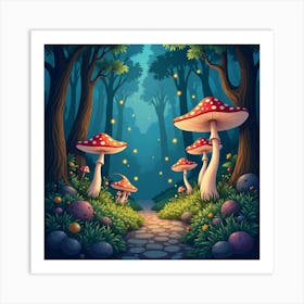 Enchanted Forest With Giant Mushrooms, Glowing Fireflies, And Whimsical Creatures 1 Art Print