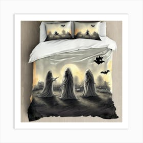 Three Ghouls Cute Bedsheet Ghosts, Countryside Vintage Style, Halloween Spooky Art Print Art Print