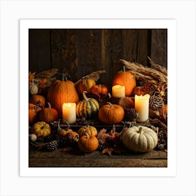 Autumn Harvest Table Laden With An Assortment Of Pumpkins Gourds And Dried Cornhusks Surrounded B Art Print