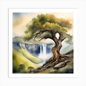 Watercolor Of A Tree And Waterfall Art Print