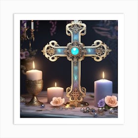 Cross With Candles And Flowers Art Print