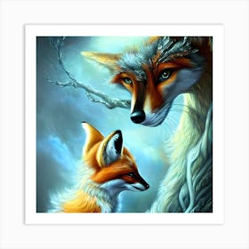 Beautiful Fox Mother And Child Art Print