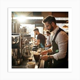 Barista Swiftly Spinning Pouring Water Into A Gleaming Espresso Machine Amidst Morning Rush In Bu (1) Art Print