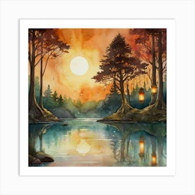 Watercolor Of Sunset In The Forest Art Print