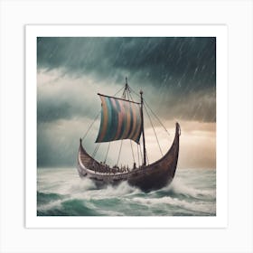 Viking Ship In Stormy Sea 4 Art Print