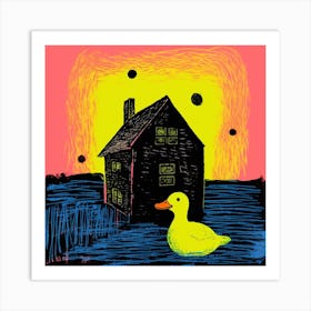 Duckling Outside A House Linocut Style 1 Art Print