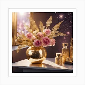 Gold Vase With Roses Art Print